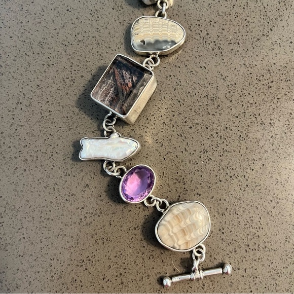 Echo of the Dreamer Sterling Silver Pearl Quarts Link Toggle Bracelet - Picture 3 of 7